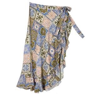 nwot ENCANTADORE Skirt S Floral Wrap Ruffle Curve-Hem Tie-Bow Midi Multicolor